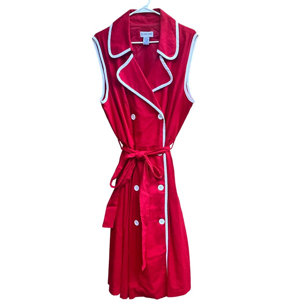 Vintage JG Hook  sleeveless trench dress with white piping and tie belt Sz 24W